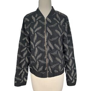 BKE Boutique Gold Leaf Bomber Jacket Size Medium Navy Blue Full Zip Pockets